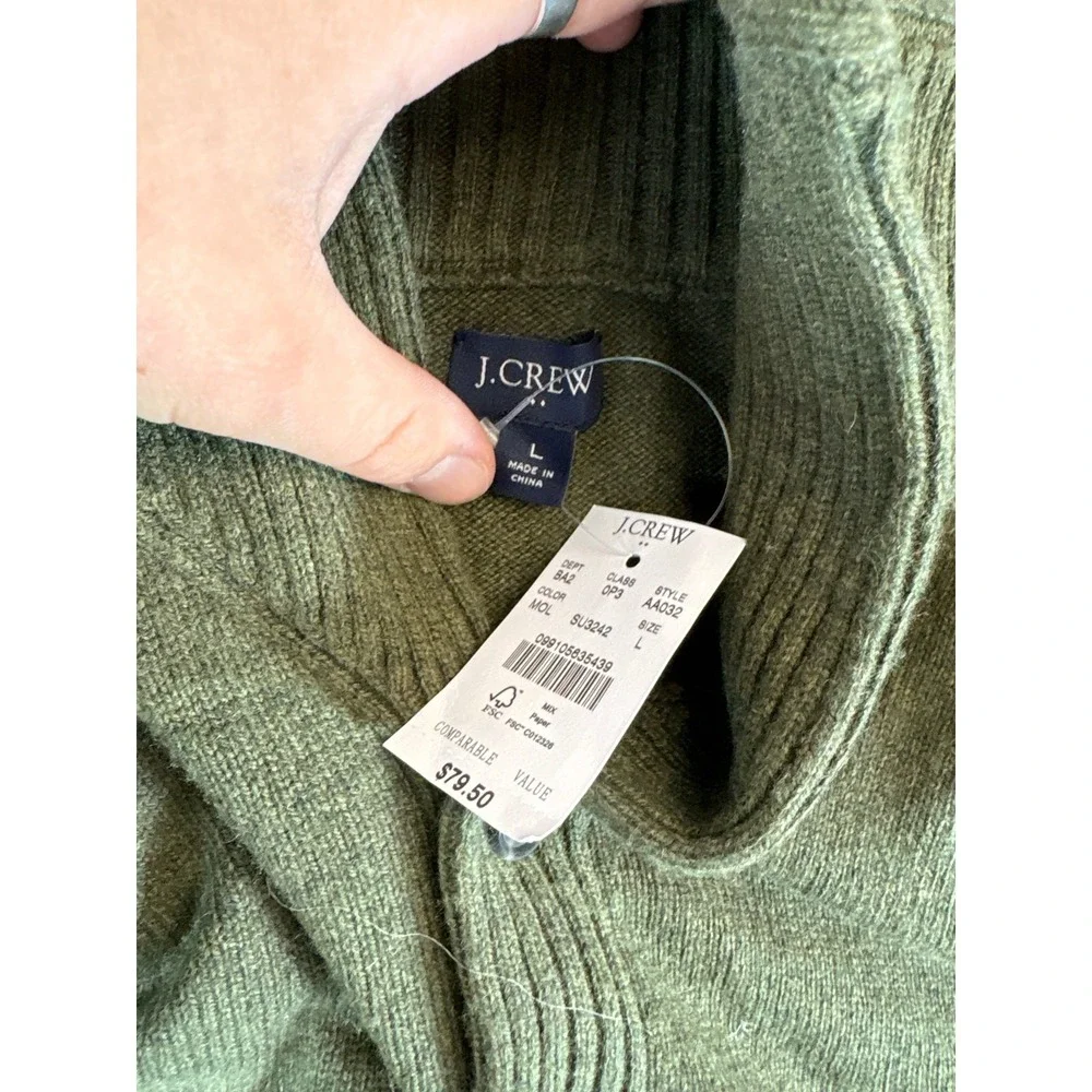 J. Crew Womens Large Green Shawl Collar Pullover Lambswool Knit Sweater AA032